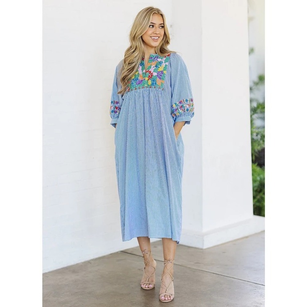 J.Marie Women's Size Small Blue White Striped Embroidered Tristen Midi Dress - Picture 5 of 13